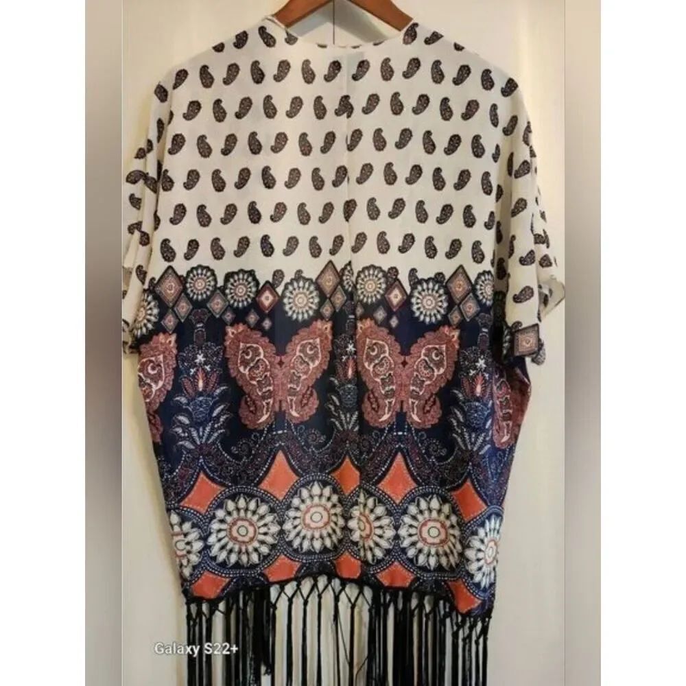 C25 Rue21 Navy, Coral & Cream Paisley & Butterfly Open Front Kimono- Fringed - Picture 2 of 10